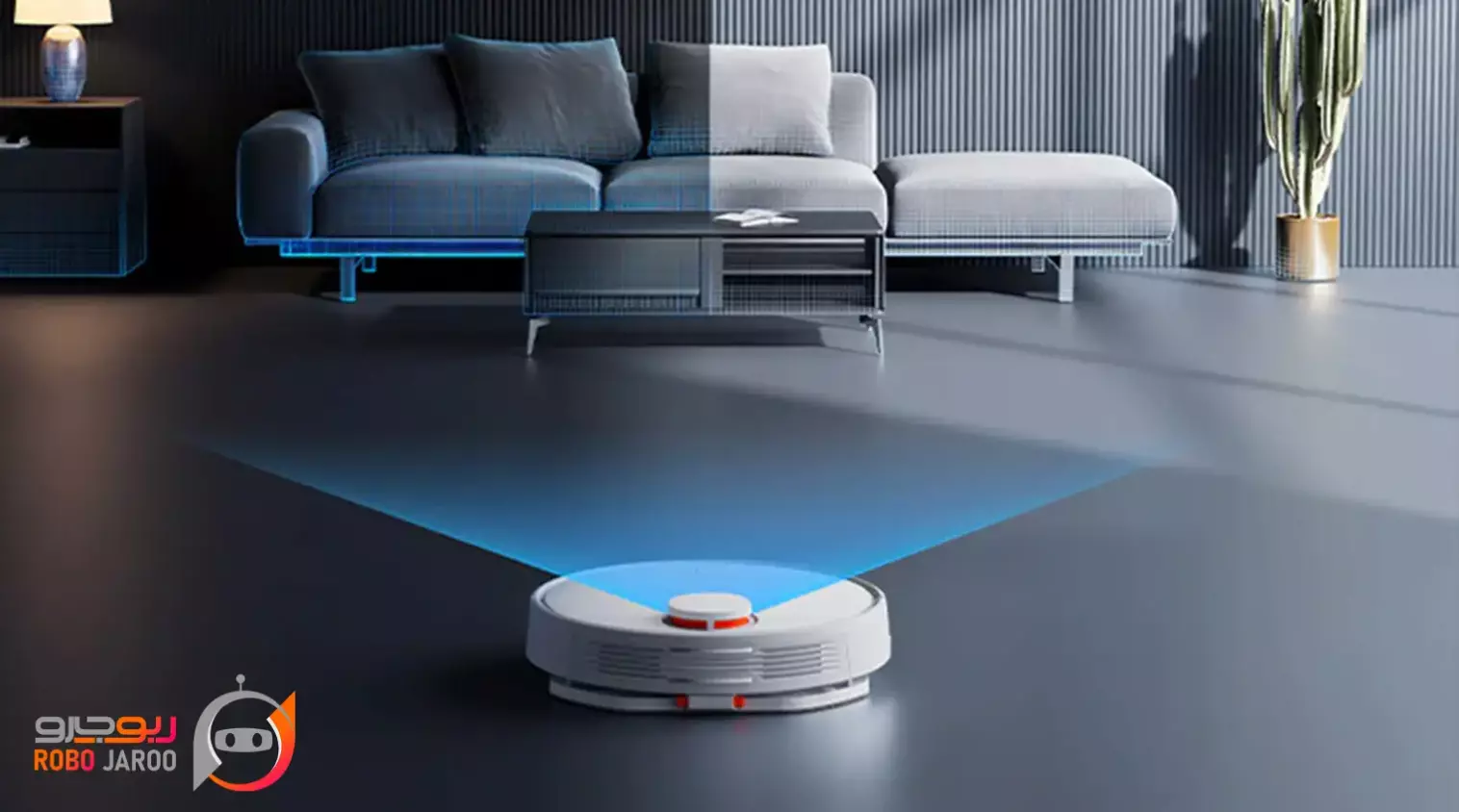 عکس یک دستگاه جارو رباتیک شیائومی سفید رنگ در حال کار روی کفپوش یک خانه مدرن