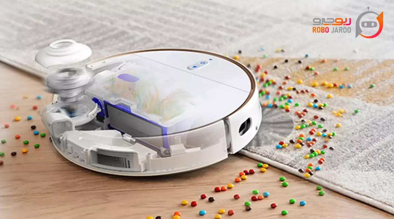 یک جارو رباتیک با قدرت مکش بالا در حال تمیز کردن و جمعآوری آشغال از روی کفپوش سرامیکی.